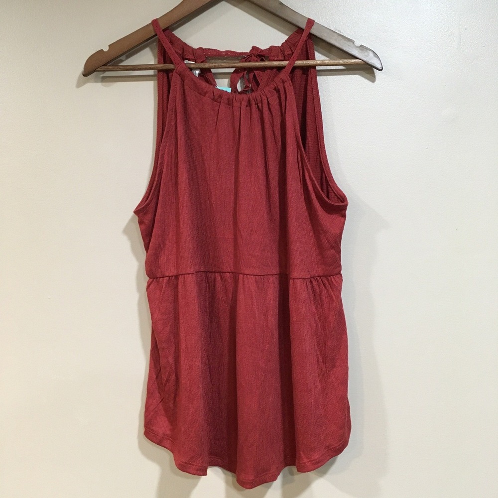 Maurices Tie Back Halter Tank Top Womens S Red Brown Boho Festival Flowy Earthy